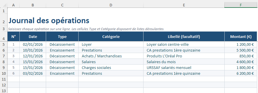 Journal des opérations coiffeur, saisie des encaissements et décaissements du salon