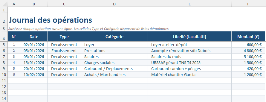 Journal des opérations plombier, saisie des encaissements et décaissements d'un artisan BTP